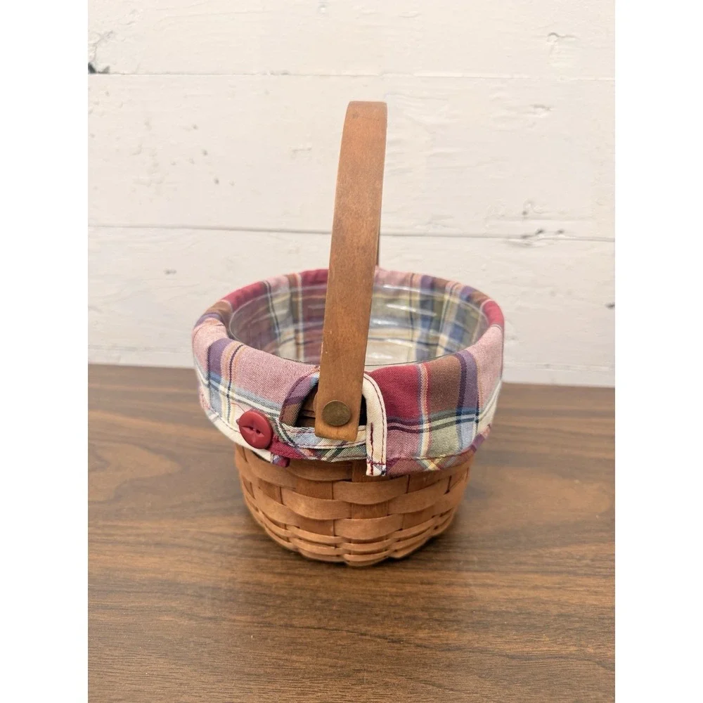Longaberger Swing‎ Handle Small Fruit Basket Plaid Button Liner Vintage 1989 5